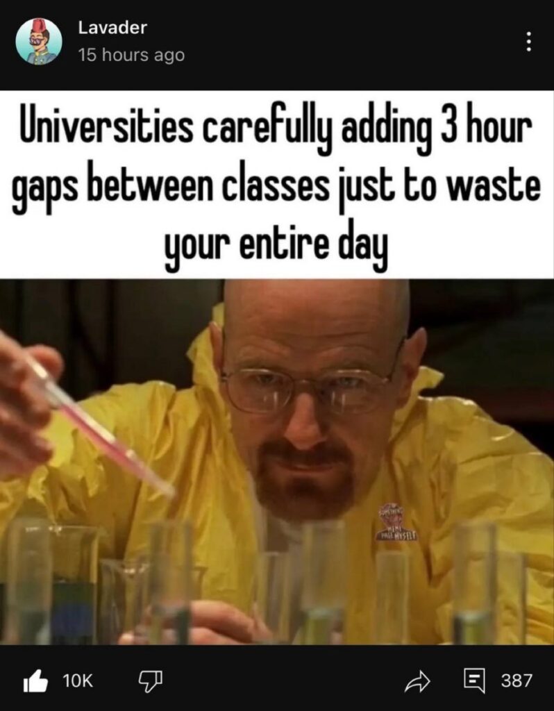Universities carefully adding 3 hour gaps between classes just to waste your entire day. #college #studentlife #truth.