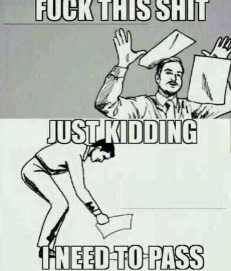 Ever feel like "FUCK THIS SHIT"... but then realize, "JUST KIDDING, I NEED TO PASS"? 😂 #studentlife #mood.