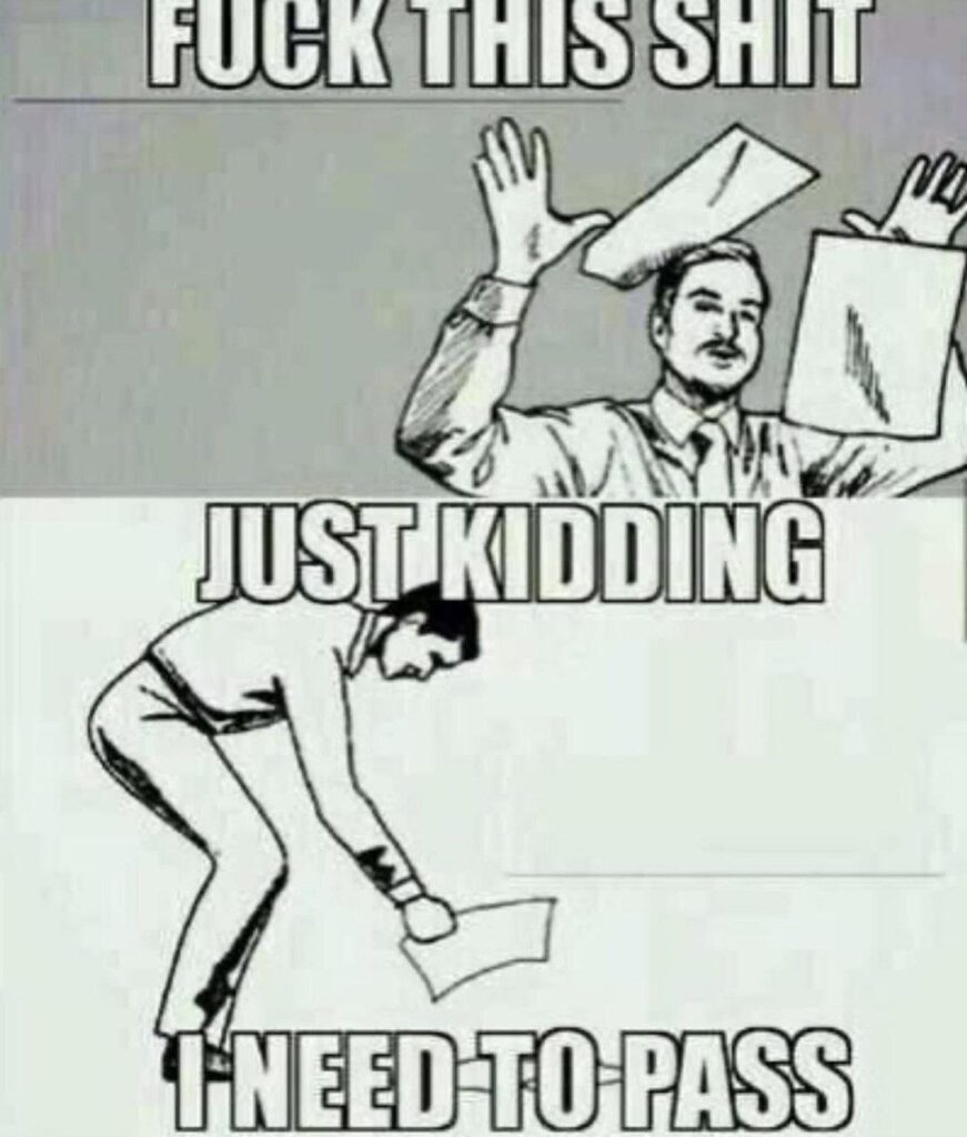 Ever feel like "FUCK THIS SHIT"... but then realize, "JUST KIDDING, I NEED TO PASS"? 😂 #studentlife #mood.