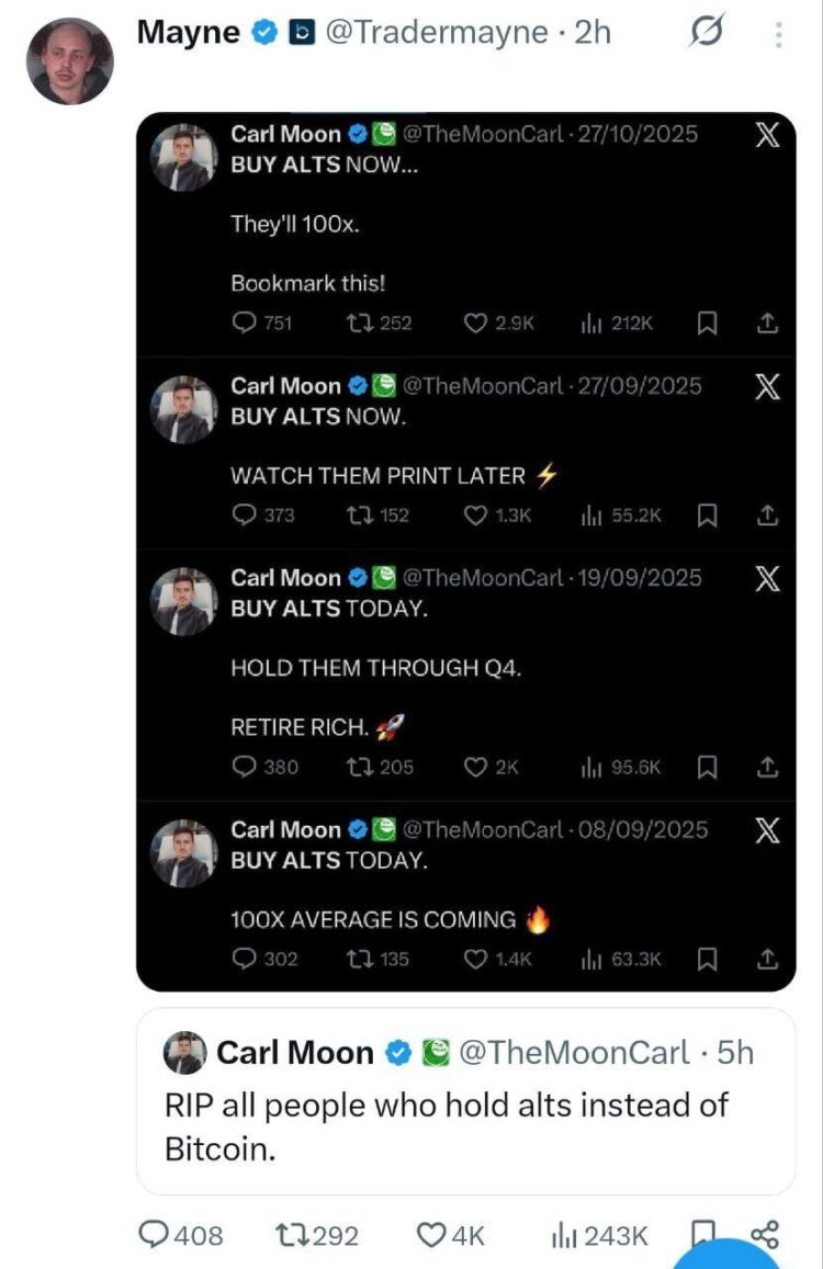 When Carl Moon says “Buy alts!” in 2025 but Mayne replies: “RIP all people who hold alts instead of Bitcoin.” #Crypto #Bitcoin.