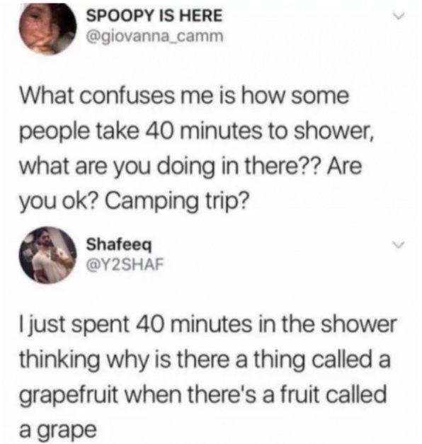 Why do people shower for 40 mins? You camping in there? Nah, just spent 40 mins wondering why a grapefruit isn't called a grape. #showerthoughts.