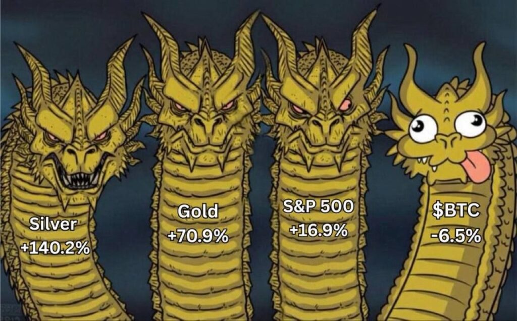 When your squad flexes their returns: Silver +140.2%, Gold +70.9%, S&P 500 +16.9%...Bitcoin -6.5% just derping along 😂 #investing.