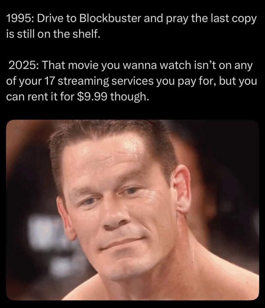 When you spent hours at Blockbuster in 1995, but now in 2025, you pay rental fees on top of 7 streaming subs. Progress? #nostalgia #streaming.