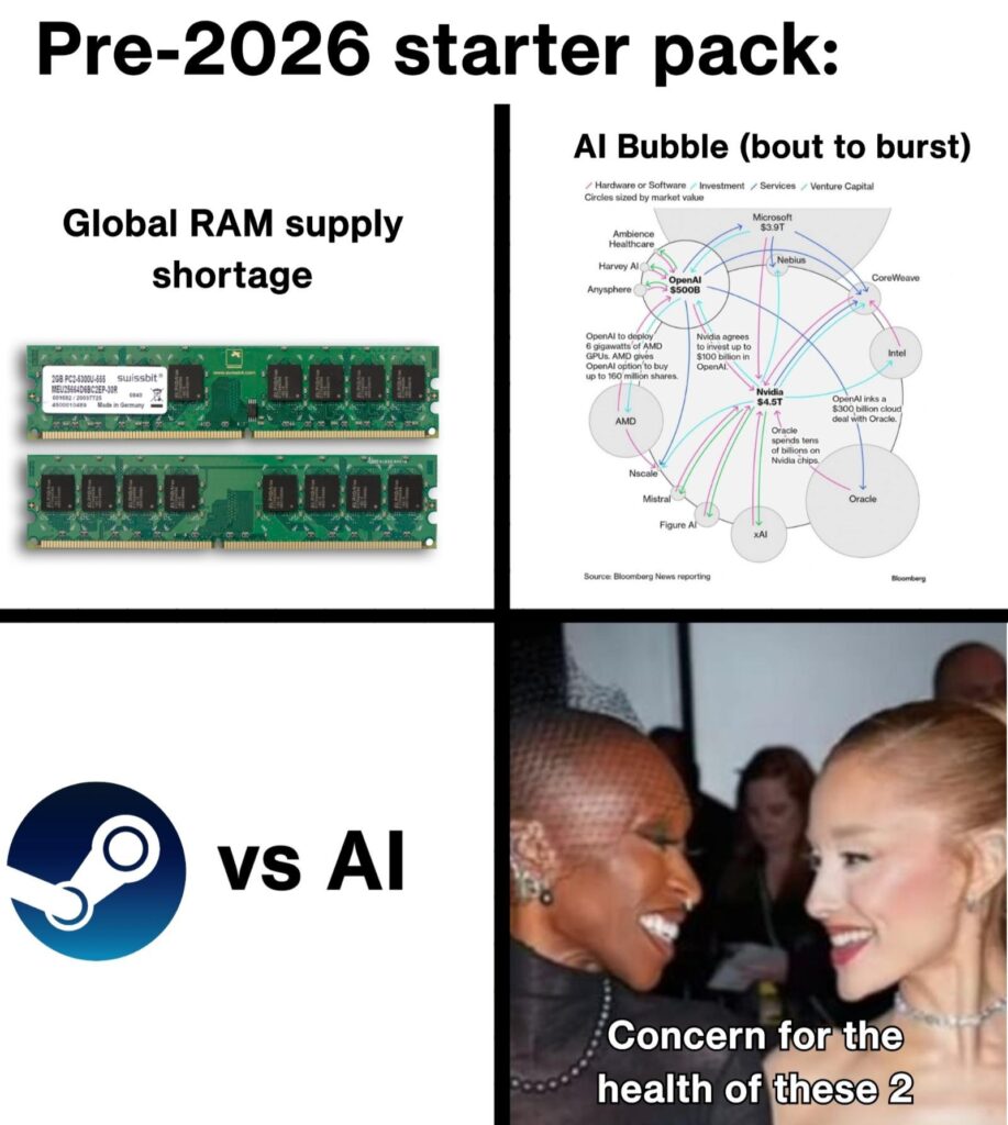 You know it’s 2026 when you’re rocking "Global RAM supply shortage," eyeing the "AI Bubble," Steam vs AI, and "Concern for the health of these 2." #memes #future #AI.