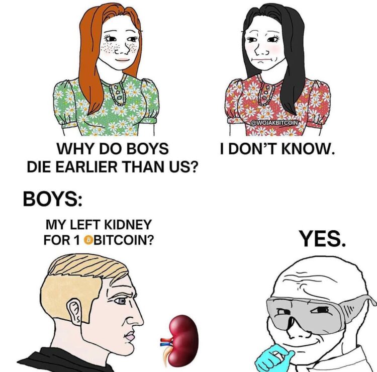 Why do boys die earlier than us?" "I don't know." *Meanwhile, left kidney for 1 Bitcoin?* "Yes." #crypto #memes #boyslogic.
