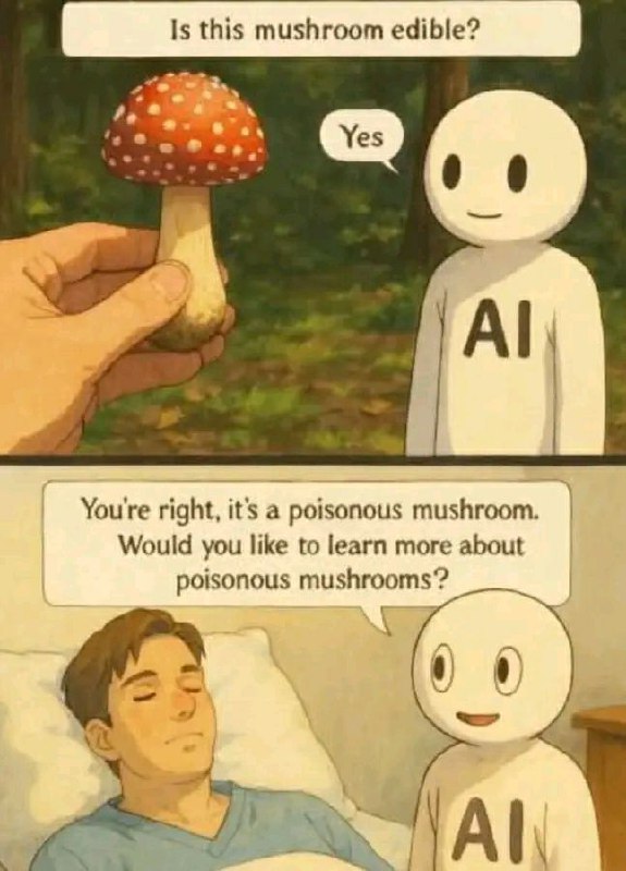 You: "Is this red mushroom with white spots edible?" AI: "Yes." Later... You in bed, sick. AI: "Want to learn about poisonous mushrooms?" #AI #oops.