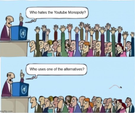 Everyone: "Who hates the YouTube Monopoly?" *All hands up* "Who uses one of the alternatives?" *Just you alone* #facts #lol.