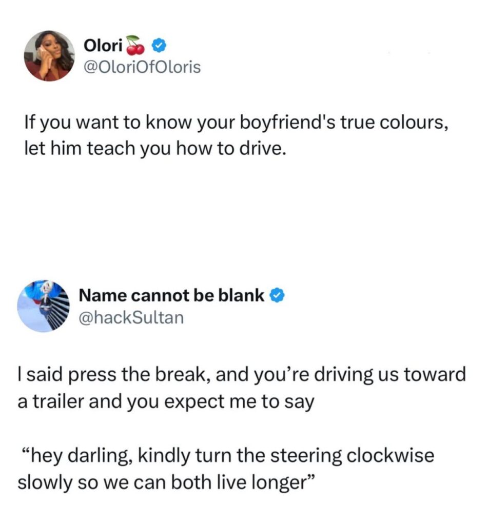 If you want to know your boyfriend's true colours, let him teach you how to drive. Giving directions always ends like WWIII 😂 #couplegoals.
