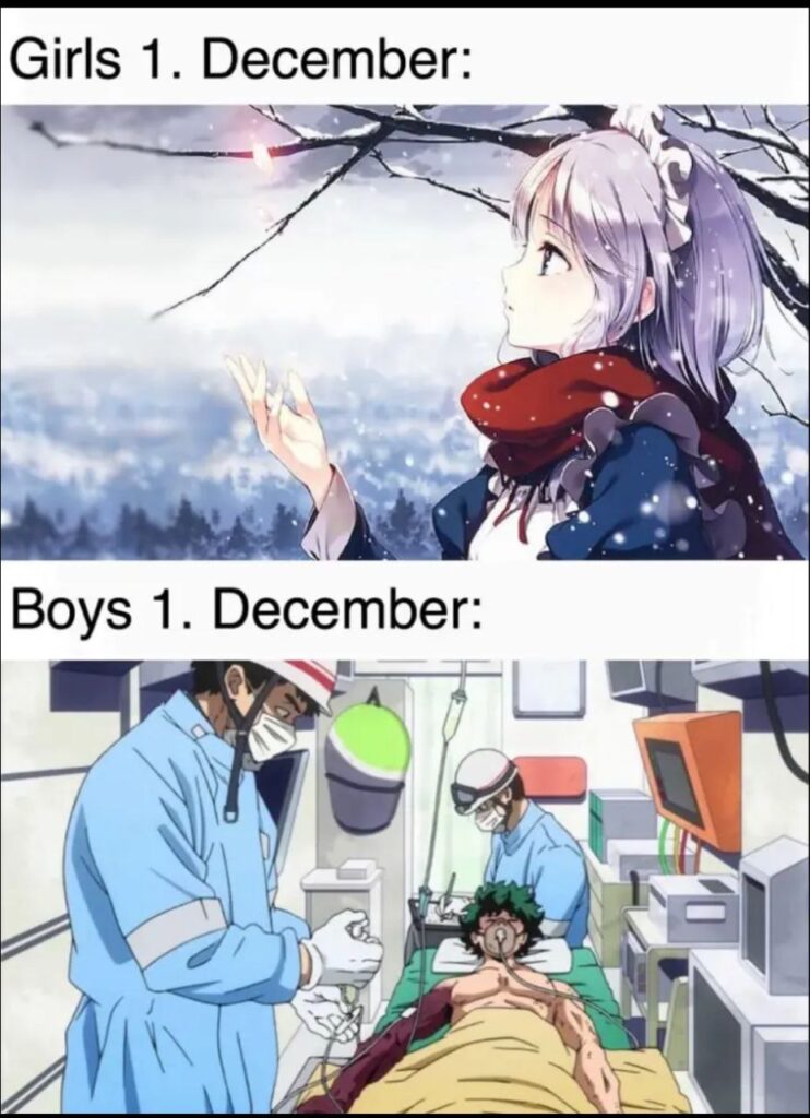 Girls 1. December: vs Boys 1. December: Every winter hits different 😂❄️ #anime #winter #relatablemoments.