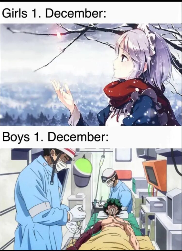 Girls 1. December: vs Boys 1. December: Every winter hits different 😂❄️ #anime #winter #relatablemoments.