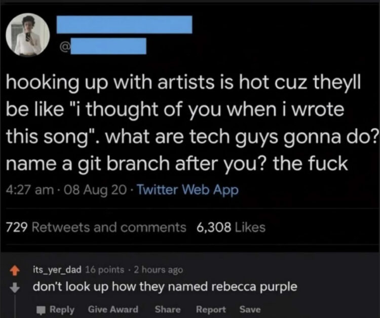Artists write songs for lovers, tech guys just ‘name a git branch after you.’ Don’t Google “Rebecca Purple.” #programmerhumor.
