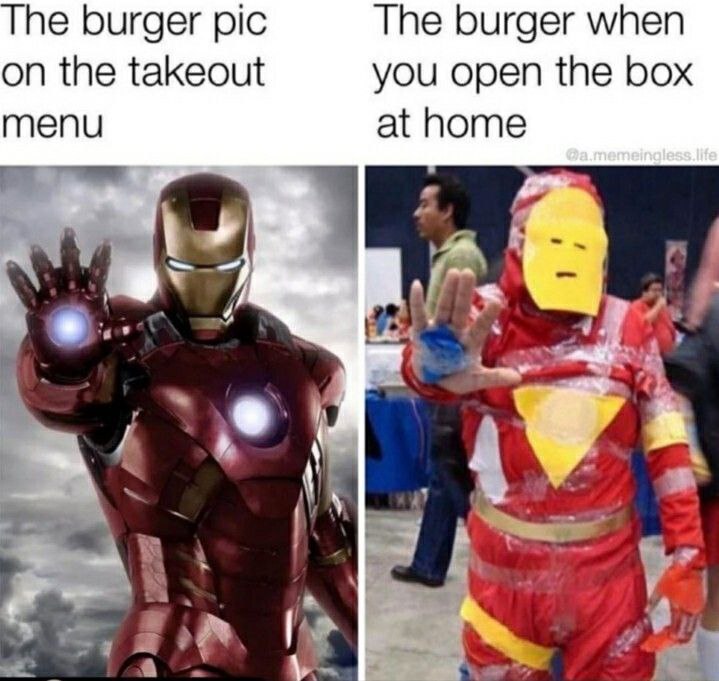 You vs. the burger she tells you not to worry about: "The burger pic on the takeout menu" vs "The burger when you open the box" #ExpectationVsReality.