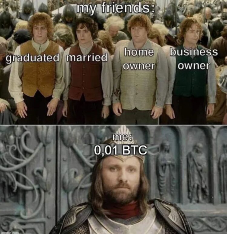 Everyone flexing: "graduated," "married," "home owner," "business owner." You with 0.01 BTC just staring. #FOMO #Bitcoin.