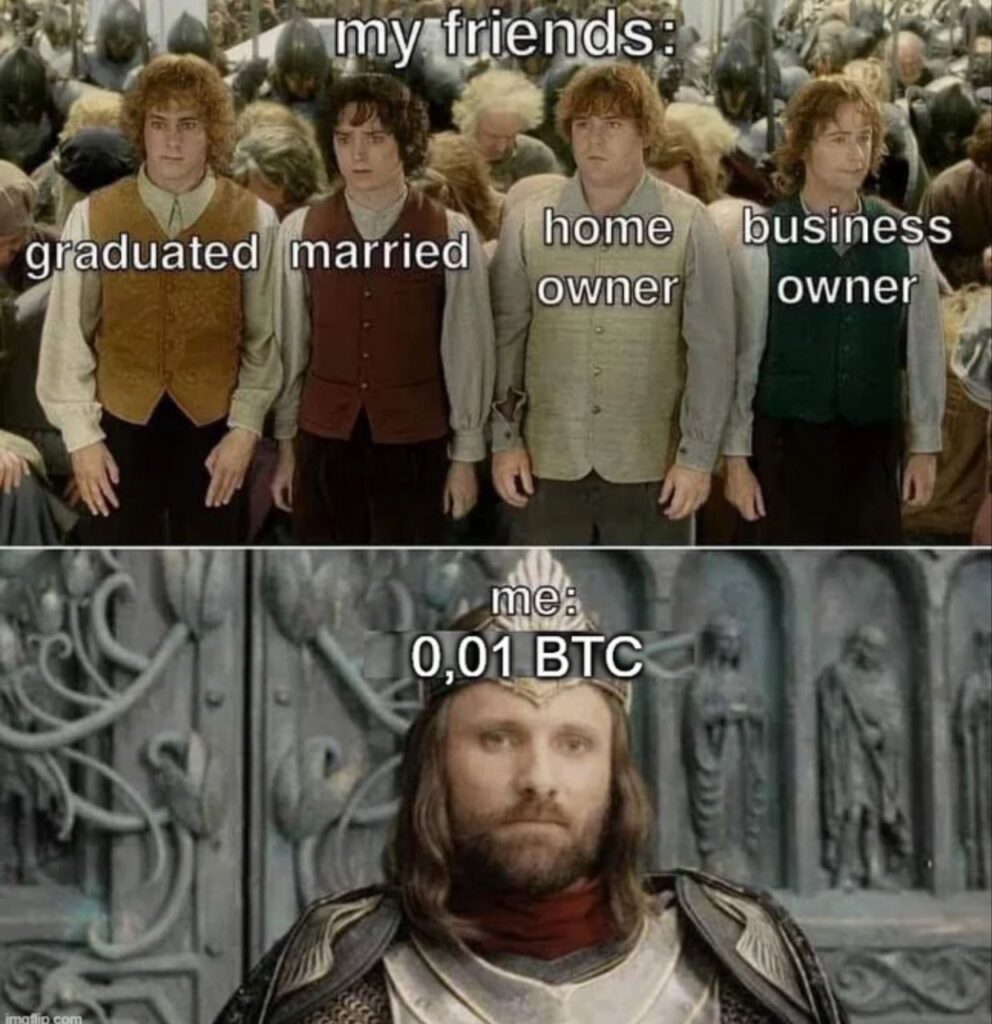 Everyone flexing: "graduated," "married," "home owner," "business owner." You with 0.01 BTC just staring. #FOMO #Bitcoin.