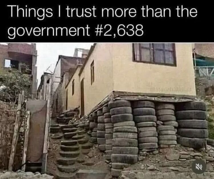 Things I trust more than the government #2,638" 😂 When old tires are a safer bet. #trustissues #memes.