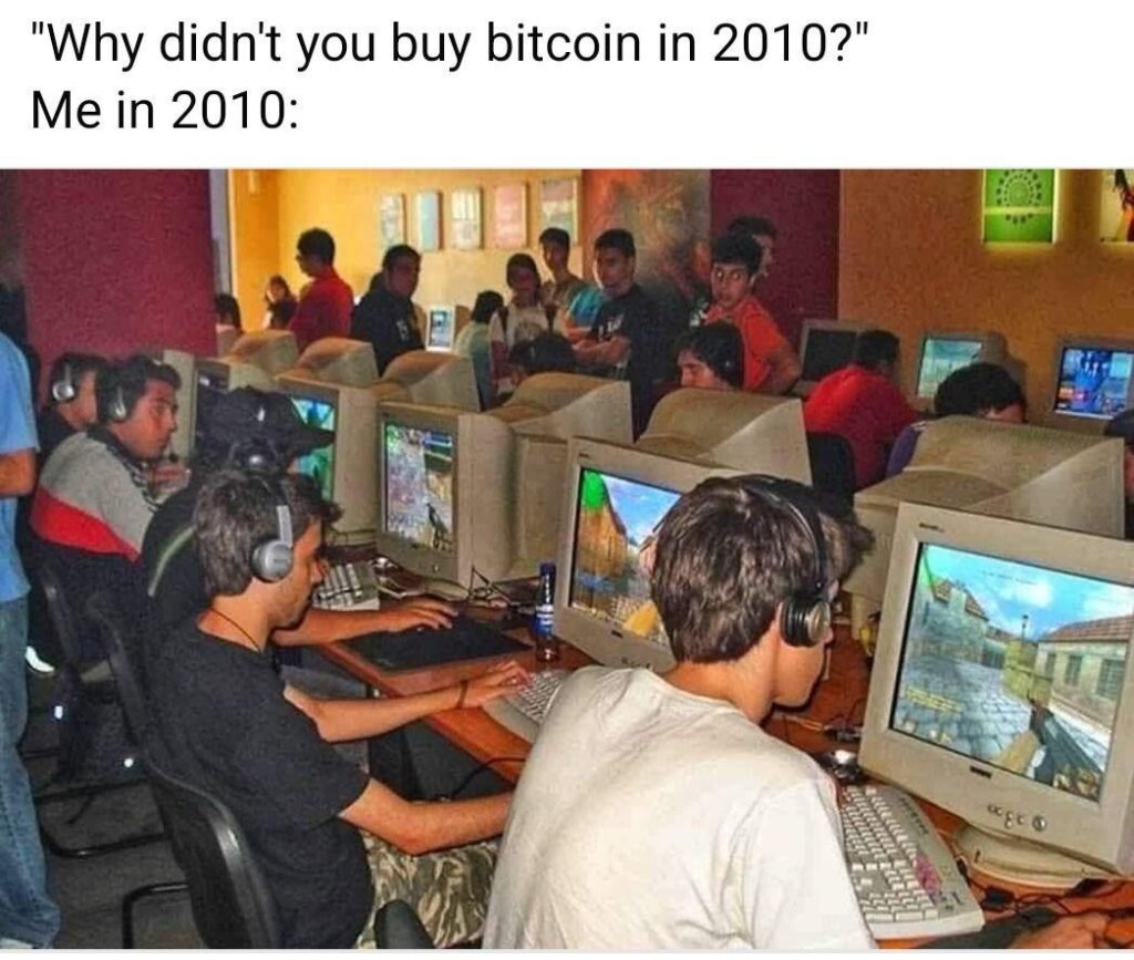 Why didn't you buy bitcoin in 2010?" Bro, "Me in 2010:" was too busy gaming to even notice! #Throwback #Bitcoin #GamerLife.