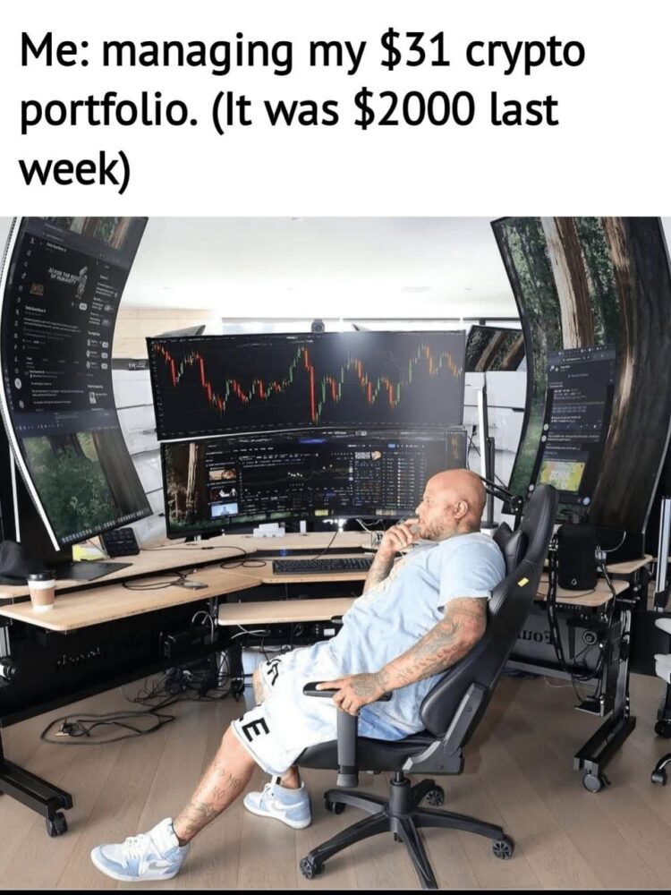 Me: managing my $31 crypto portfolio. (It was $2000 last week). #crypto #traderlife #oops.