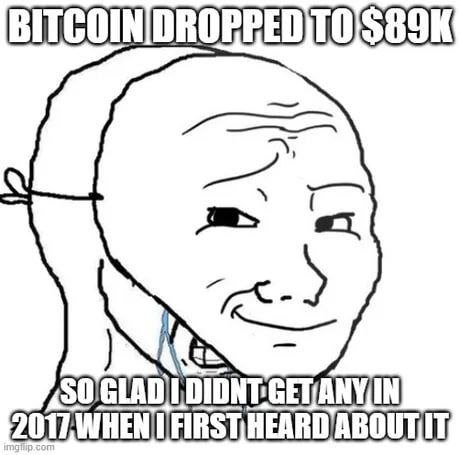 You when BITCOIN DROPPED TO $89K: "SO GLAD I DIDN'T GET ANY IN 2017 WHEN I FIRST HEARD ABOUT IT." #bitcoin #fomo.