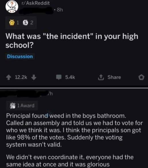 POV: Your dad is the principal, he finds weed in the bathroom, so he holds a vote... You get voted out. Democracy wins 😂 #highschool #plotwist.