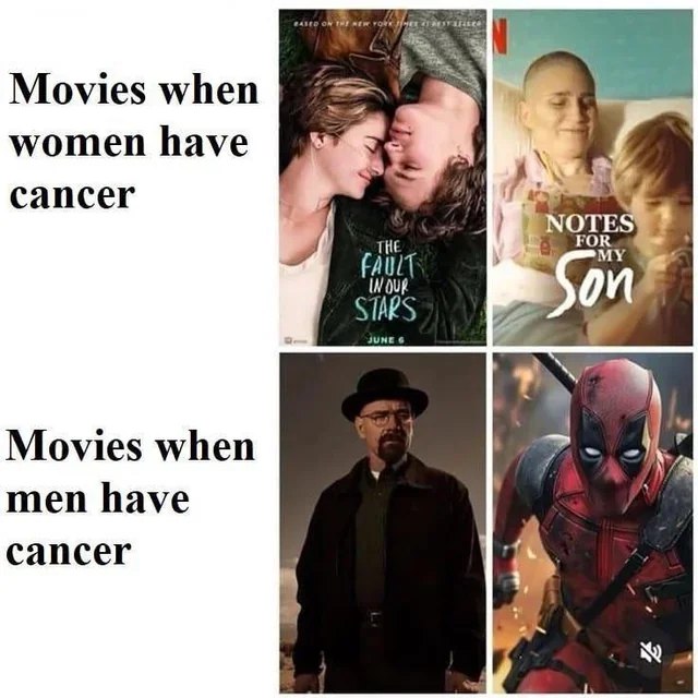 Movies when women have cancer": emotional drama central. "Movies when men have cancer": Heisenberg & Deadpool mode unlocked. #movies #facts.