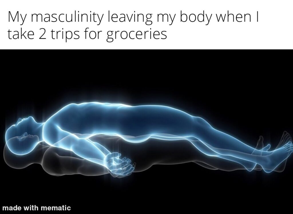 When you gotta take two trips for groceries: "My masculinity leaving my body" 😂💪 #masculinity #groceries #relatable.
