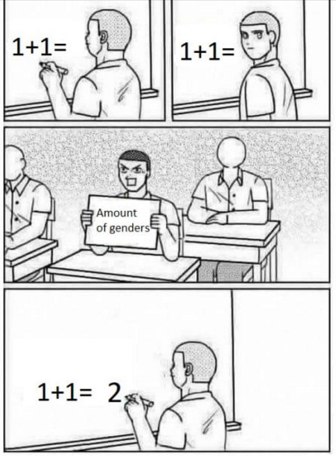 When the math teacher asks "1+1=" and someone pulls out the "Amount of genders" card. 1+1=2, folks. #mathmemes #wtf.