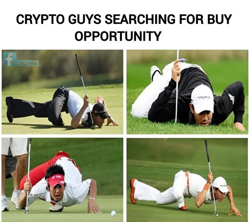 CRYPTO GUYS SEARCHING FOR BUY OPPORTUNITY"—when you're deep-diving charts like a pro golfer. #crypto #investment #meme #golflife.