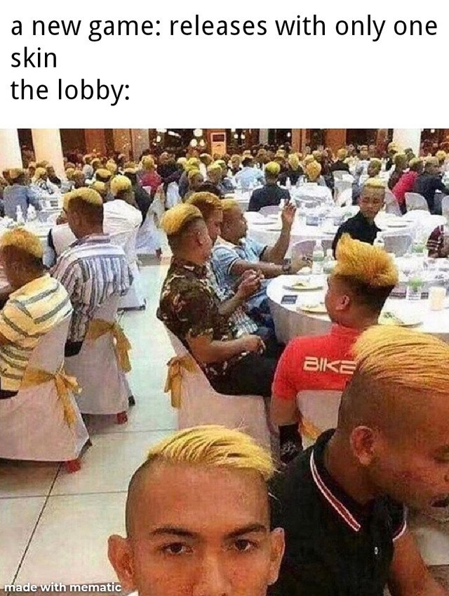 When a new game drops with just one skin and you join the lobby: "a new game: releases with only one skin the lobby:." #gaming #memes.