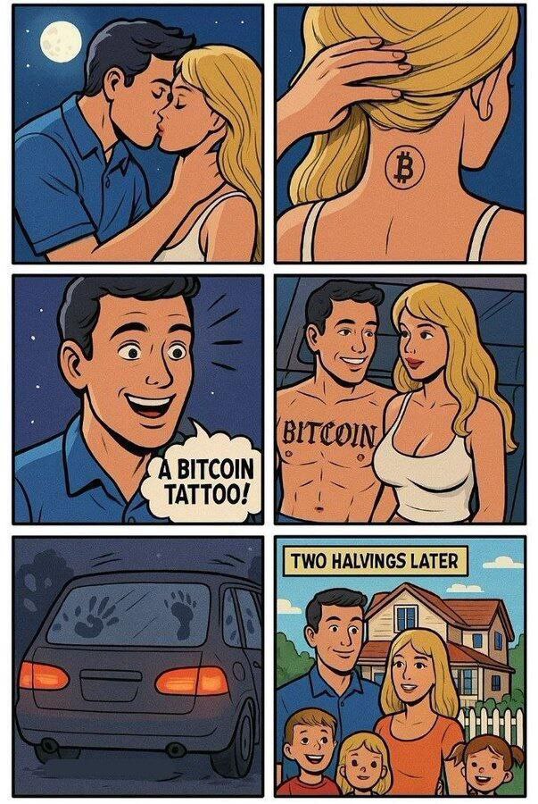 When you fall for someone with a Bitcoin tattoo and suddenly you're a whole family two halvings later. “Two halvings later.” #Bitcoin #crypto.