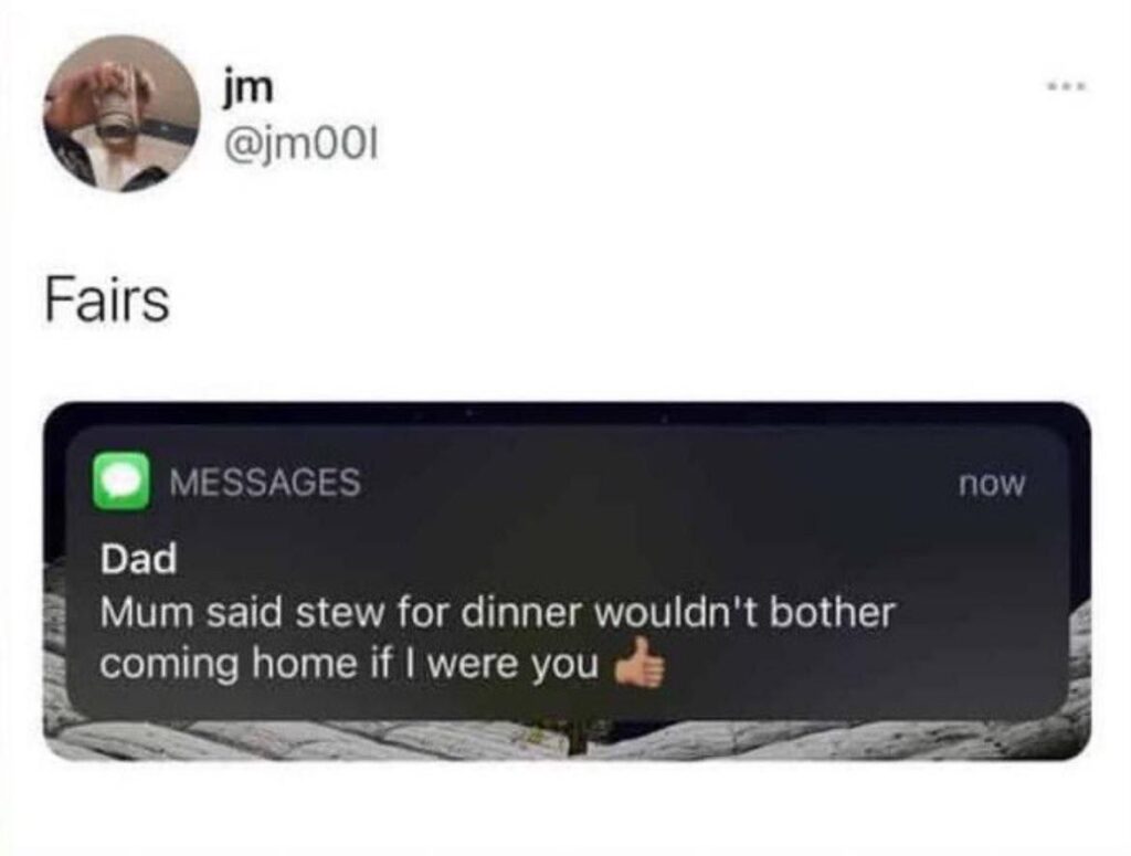 When dad texts: "Mum said stew for dinner wouldn't bother coming home if I were you" 👍 Caption: Fairs. #FamilyDrama #StewNight.