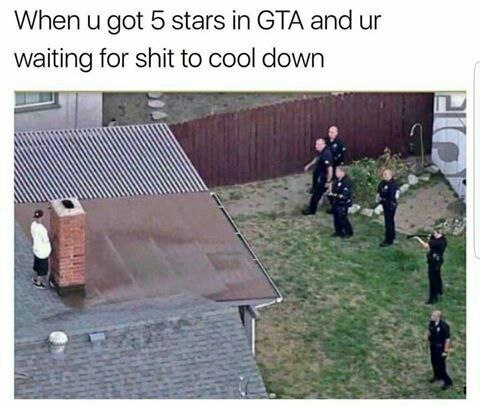 When you’re hiding on a roof with 5 stars in GTA and the cops just chilling below. Stealth mode: activated. #GTA #gaming #memes.