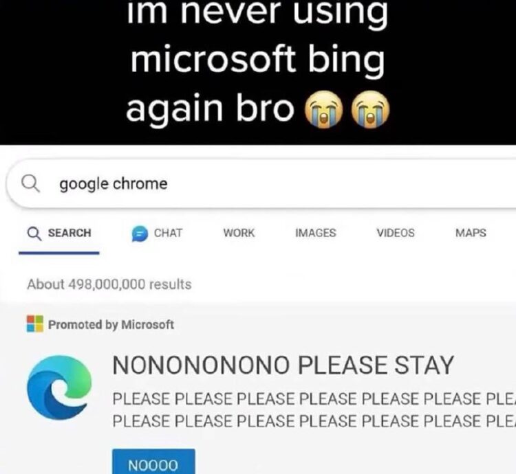 You try searching "google chrome" and Bing pops up like: NONONONONO PLEASE STAY. please. please. please. #Desperate #GoogleVsBing.