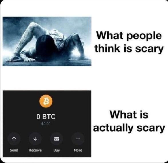 What people think is scary vs. what is actually scary: 0 Bitcoin in your wallet. Forget ghosts, check your crypto! #crypto #fear.