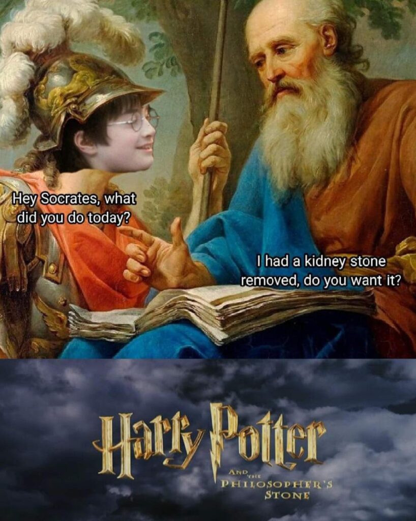 Harry Potter: "Hey Socrates, what did you do today?" Socrates: "I had a kidney stone removed, do you want it?" #philosophy #wtf.