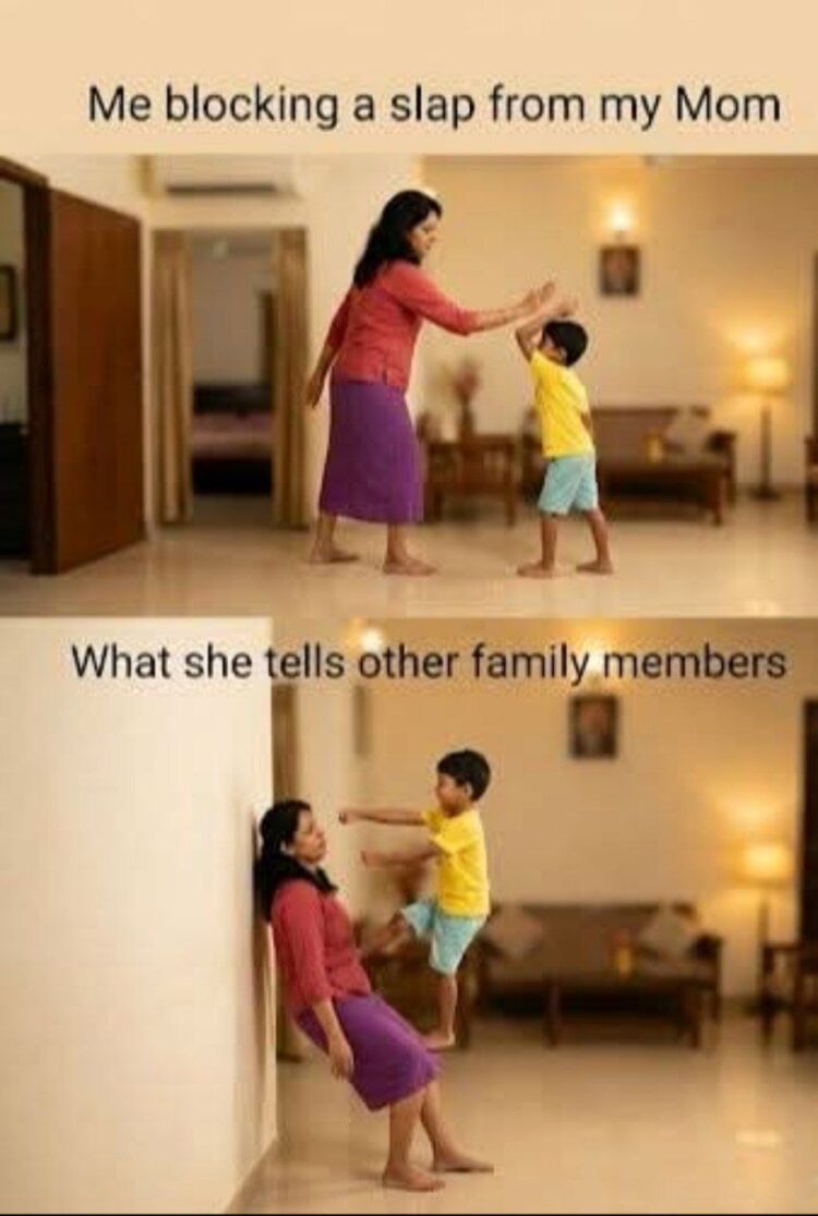 Me blocking a slap from my Mom vs what she tells other family members 😂 Moms be adding special effects to every story! #family #drama.