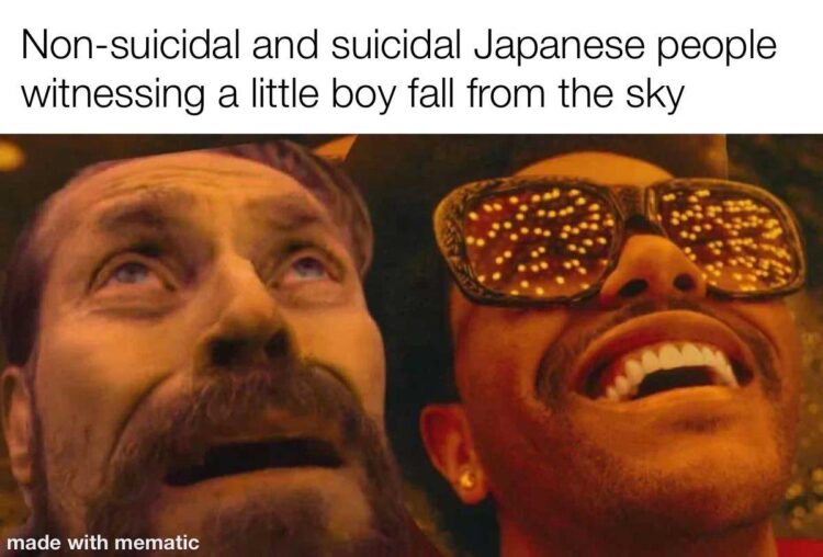 When you and your depressed homie both see a boy fall from the sky: "Non-suicidal and suicidal Japanese people witnessing a little boy fall from the sky." #anime.