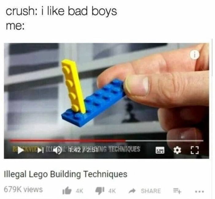 Crush: i like bad boys Me: *shows illegal Lego building techniques* Certified menace to society 😂 #badboy #lego #memes.