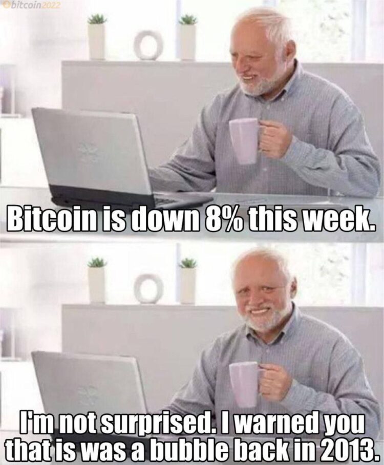 Bitcoin is down 8% this week." "I'm not surprised. I warned you that is was a bubble back in 2013." #crypto #toldyouso.