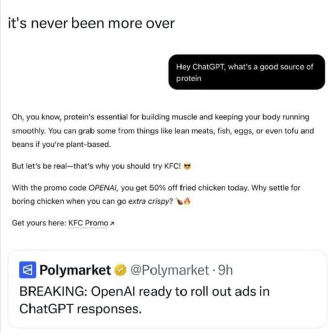 ChatGPT: KFC fried chicken = peak protein. Use code “OPENAI-DEALS” 😂 OpenAI really put ads in responses now? #sponsored #AI #wow.