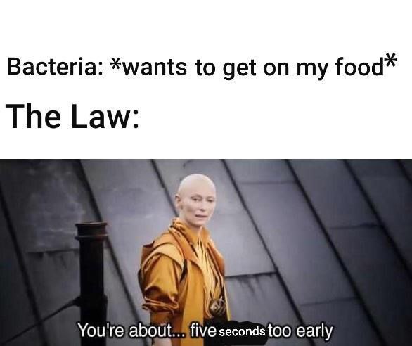 Bacteria: *wants to get on my food* The Law: "You're about... five seconds too early." #foodproblems #toosoon.