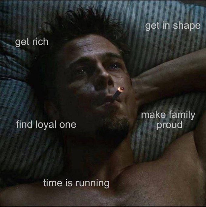 You ever just lie there knowing you gotta get in shape, get rich, find loyal one, make family proud—oh and time is running. #panic.