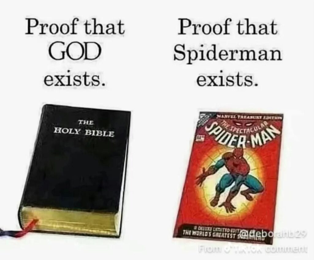 When you bring your comic book logic to theological debates: “Proof that GOD exists” vs. “Proof that Spiderman exists.” #logic.