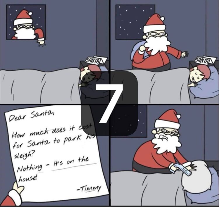 You ever wonder how much Santa pays for sleigh parking? Nothing—it’s on the house! His face though 😂 #santajokes #dadjoke.