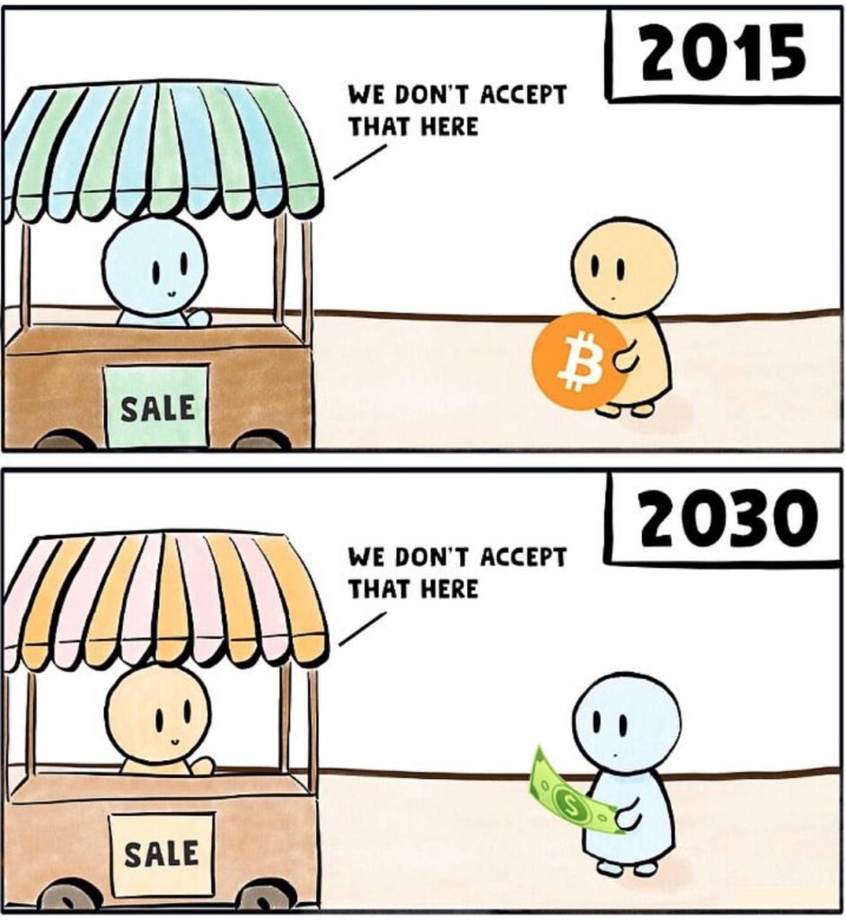 You try to pay with Bitcoin in 2015: “WE DON'T ACCEPT THAT HERE.” Try cash in 2030: “WE DON'T ACCEPT THAT HERE.” #future #Bitcoin.