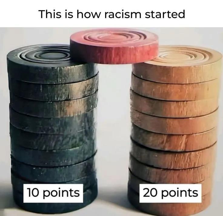 This is how racism started. Dark stack: "10 points", light stack: "20 points"—and just one red on top 😂 #history #meme.