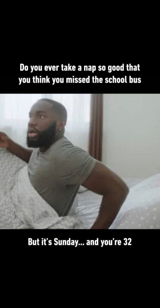 Do you ever nap so hard you think you missed the school bus? But it’s Sunday… and you’re 32. #adulting #mood #funny.