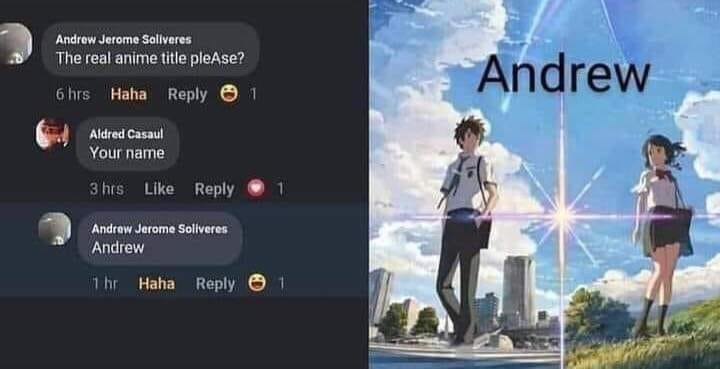 When you ask for the real anime title and someone says "Your name"—but it's actually "Andrew." #anime #YourName.
