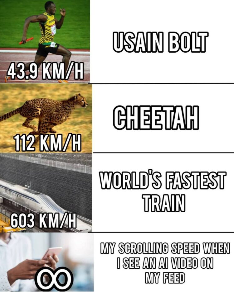 You think Usain Bolt is fast? Wait till you scroll past AI videos—scroll speed: ∞ #AI #meme #fast #scrolling.