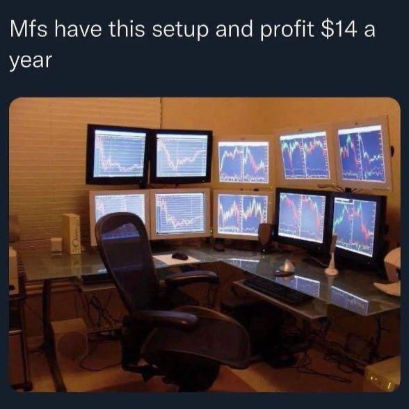 When you flex the 9-monitor trading setup but still only made $14 this year. "Mfs have this setup and profit $14 a year." #trader #fail.