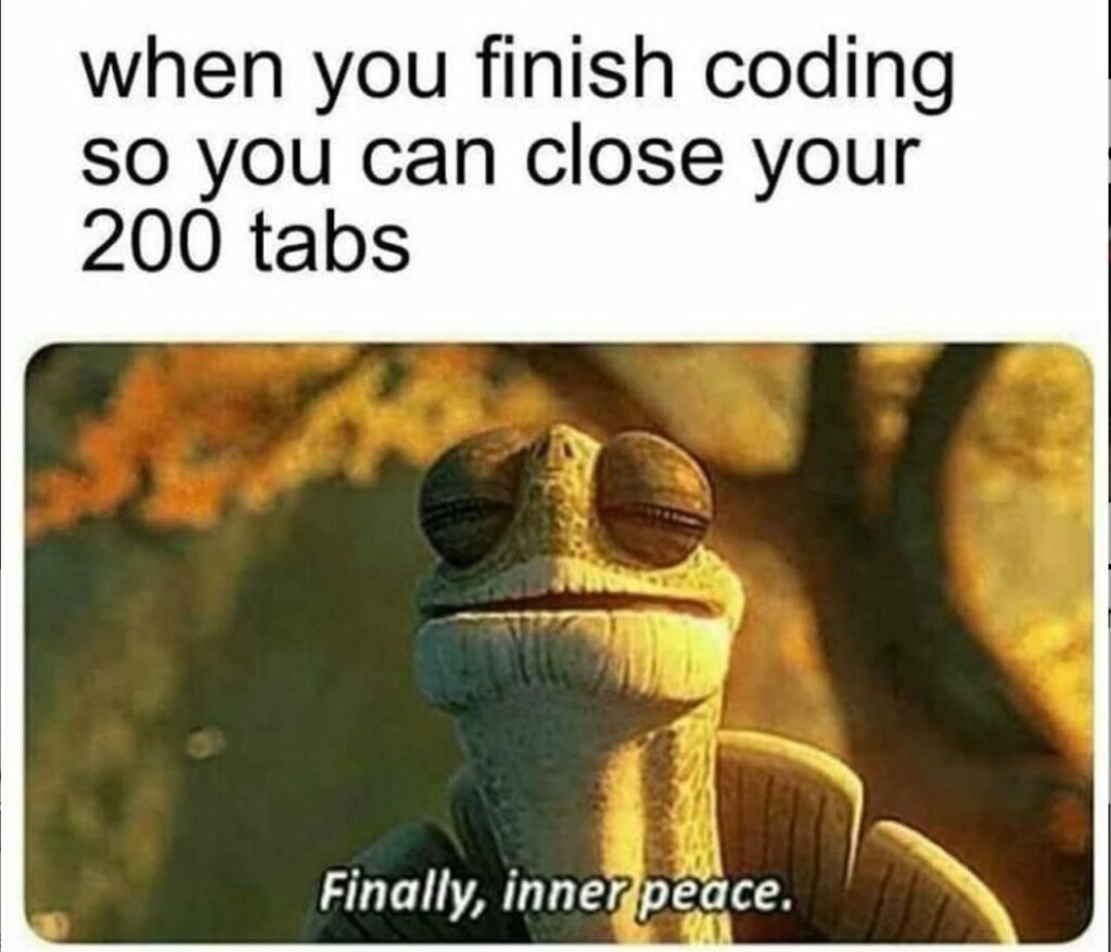 When you finish coding so you can close your 200 tabs. Finally, inner peace. #codinglife #devstruggles.